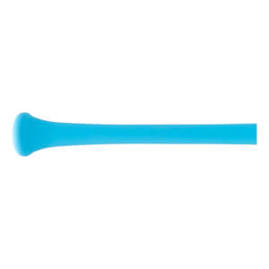 Side view of a bright blue baseball bat with a rounded knob and a long, straight handle.