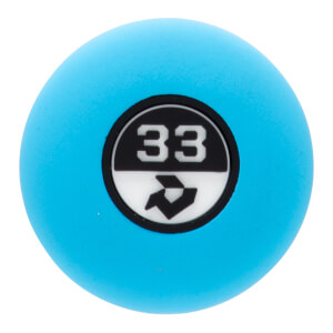 Top-down view of a blue bat end cap with a black and white circular design featuring 33 and a DeMarini logo.