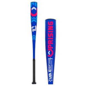 Side view of a blue baseball bat with pink and white chevron graphics, and a close-up of its barrel showing UPRISING in pink.
