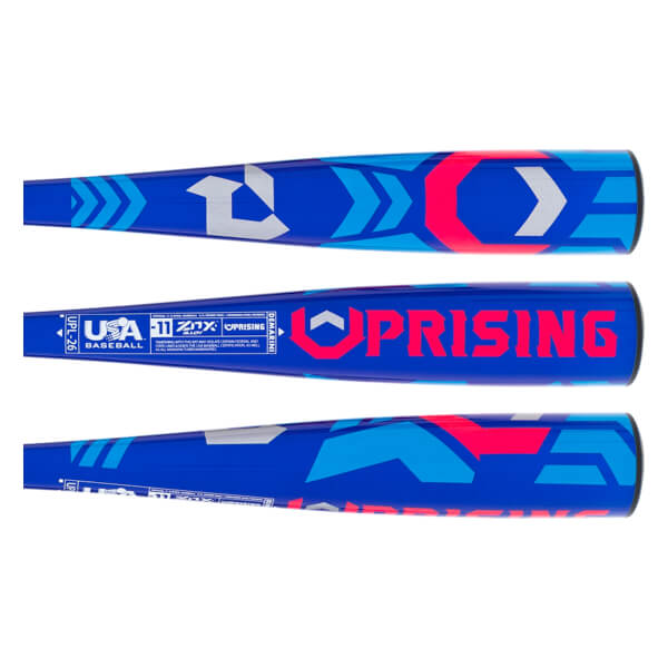 Side view of a blue baseball bat with Uprising in pink, DeMarini logo, and USA Baseball logo.