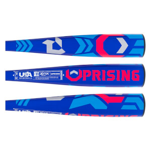 Side view of a blue baseball bat with Uprising in pink, DeMarini logo, and USA Baseball logo.