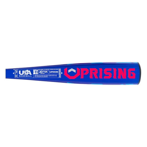Side view of a blue baseball bat with large pink UPRISING text, DeMarini, and USA Baseball logo.