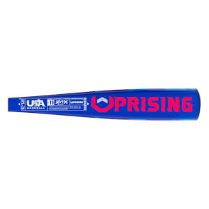 Side view of a blue baseball bat with large pink UPRISING text, DeMarini, and USA Baseball logo.