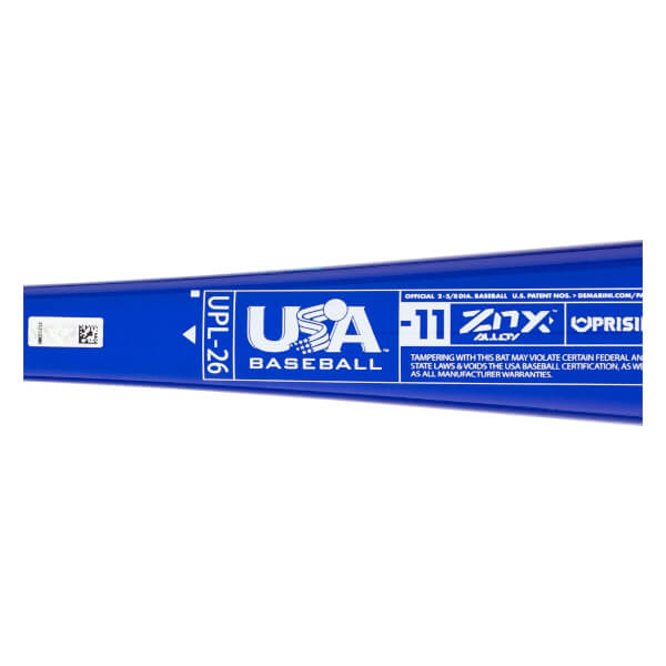 Close-up of a blue baseball bat with USA Baseball logo, -11 ZNX Alloy, and Uprising text.