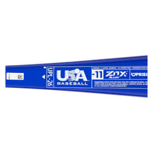 Close-up of a blue baseball bat with USA Baseball logo, -11 ZNX Alloy, and Uprising text.