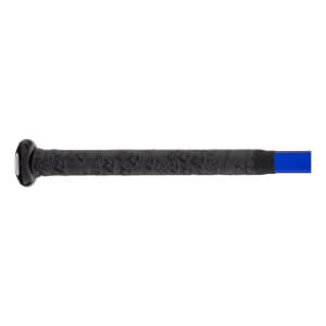 Close-up of black and blue bat handle with a textured black grip and black knob with white detail.