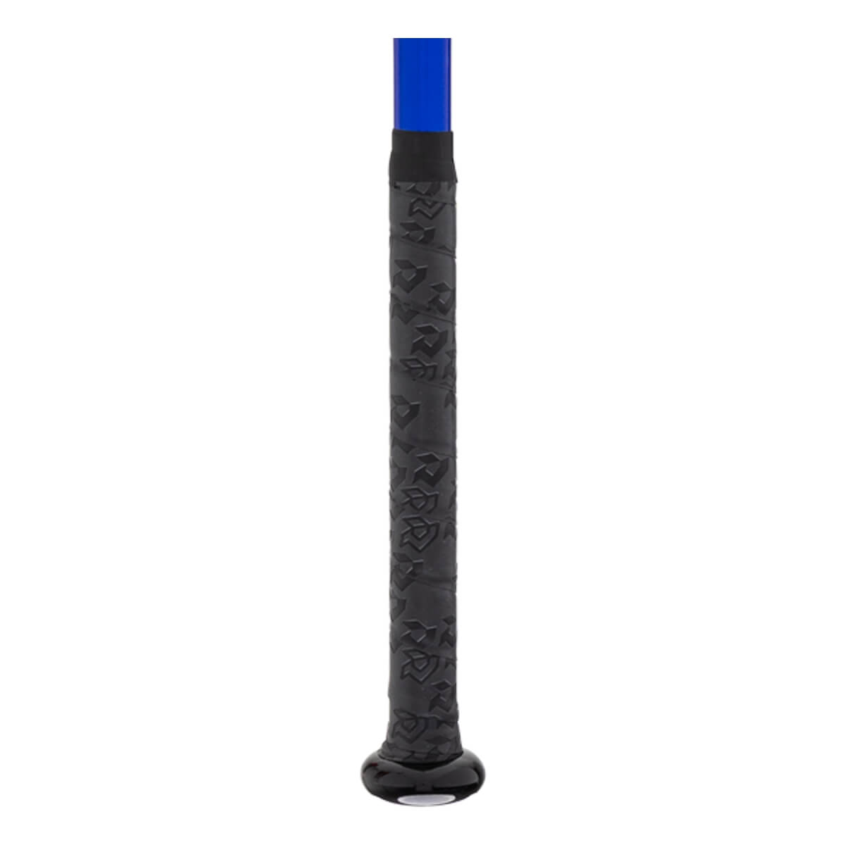 Close-up of a black baseball bat handle with a textured grip, blue shaft, and black knob.