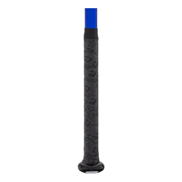 Close-up of a black baseball bat handle with a textured grip, blue shaft, and black knob.