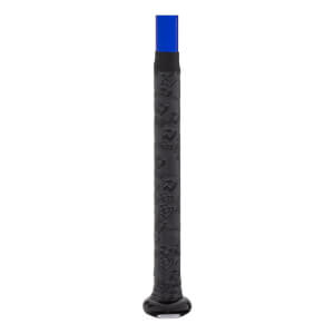 Close-up of a black baseball bat handle with a textured grip, blue shaft, and black knob.