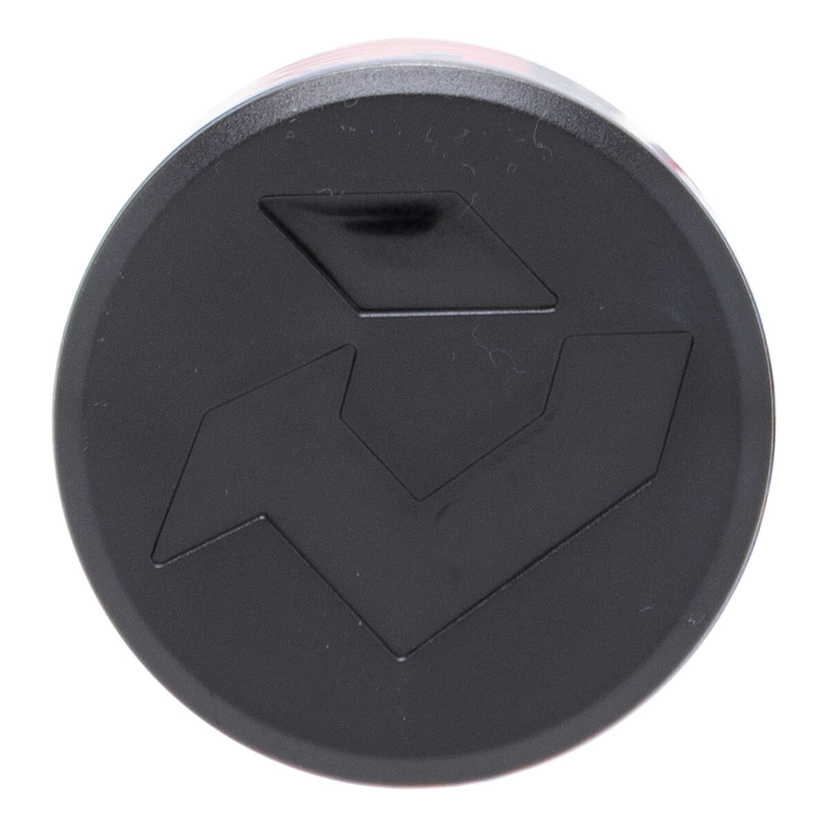 Top-down view of a black, circular baseball bat end cap with a raised DeMarini logo.