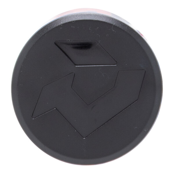 Top-down view of a black, circular baseball bat end cap with a raised DeMarini logo.