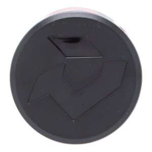 Top-down view of a black, circular baseball bat end cap with a raised DeMarini logo.