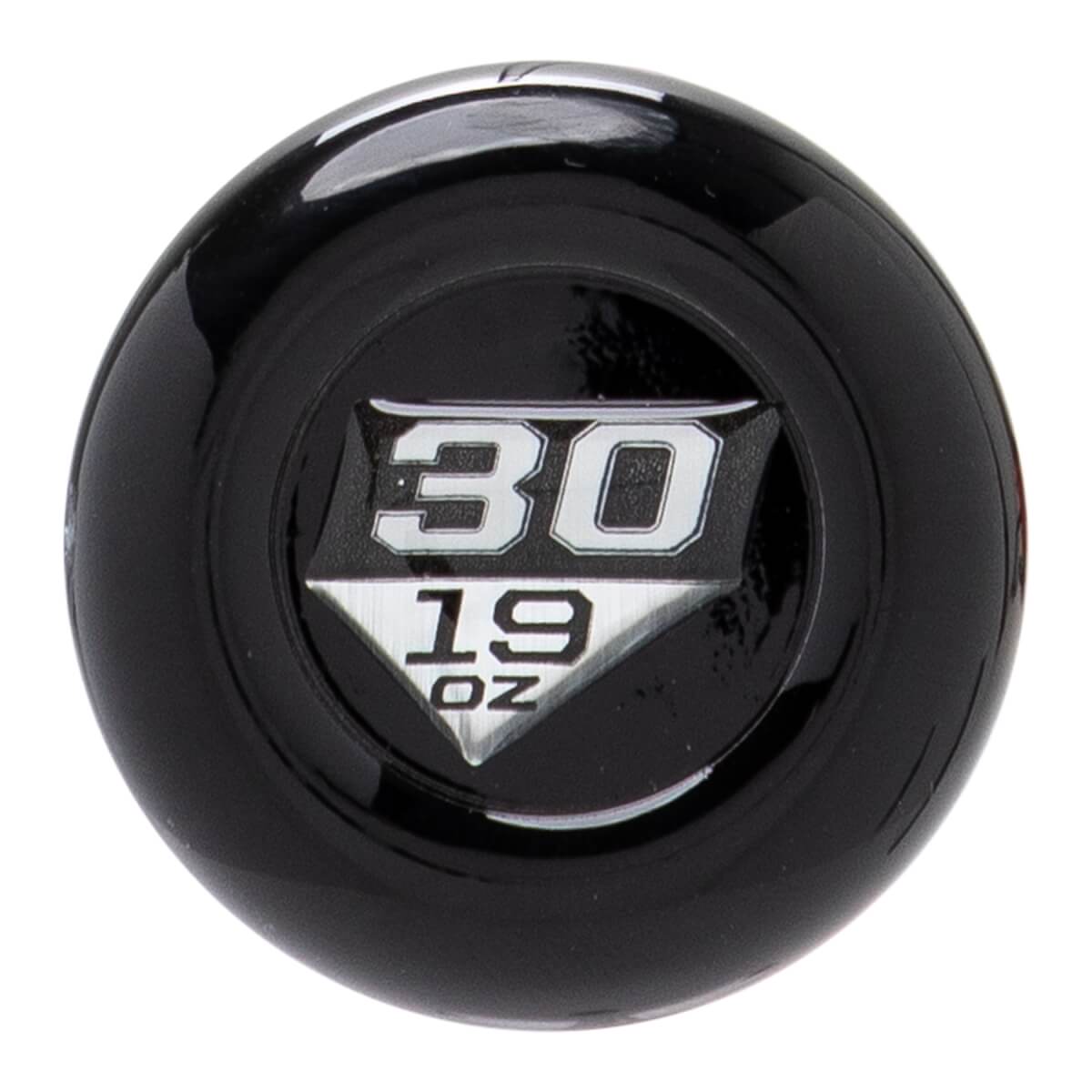 Top-down view of a black baseball bat end cap with a silver emblem showing 30 and 19 OZ.