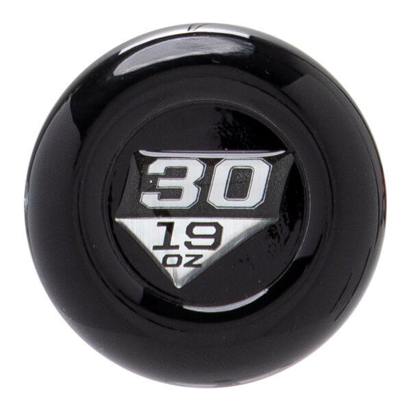 Top-down view of a black baseball bat end cap with a silver emblem showing 30 and 19 OZ.