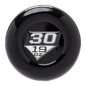 Top-down view of a black baseball bat end cap with a silver emblem showing 30 and 19 OZ.