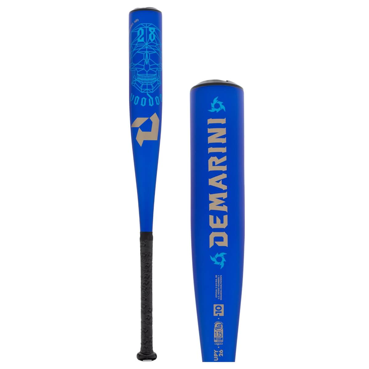 Full view of a blue baseball bat with a skull graphic and gold D logo, plus a close-up of the barrel showing DEMARINI.