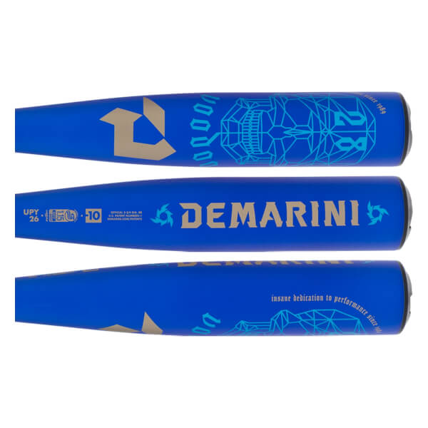 Multiple views of a blue baseball bat with gold DeMarini branding, a geometric skull graphic, and Voodoo text.