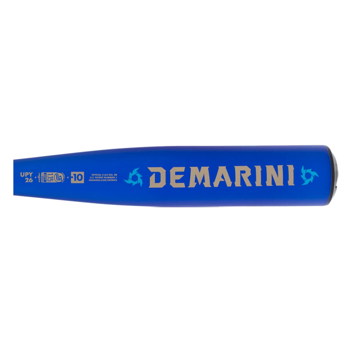 Side view of a blue baseball bat barrel with gold DEMARINI text, a USSSA stamp, and -10 drop weight.