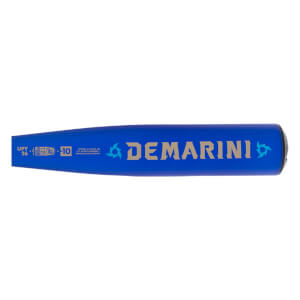 Side view of a blue baseball bat barrel with gold DEMARINI text, a USSSA stamp, and -10 drop weight.