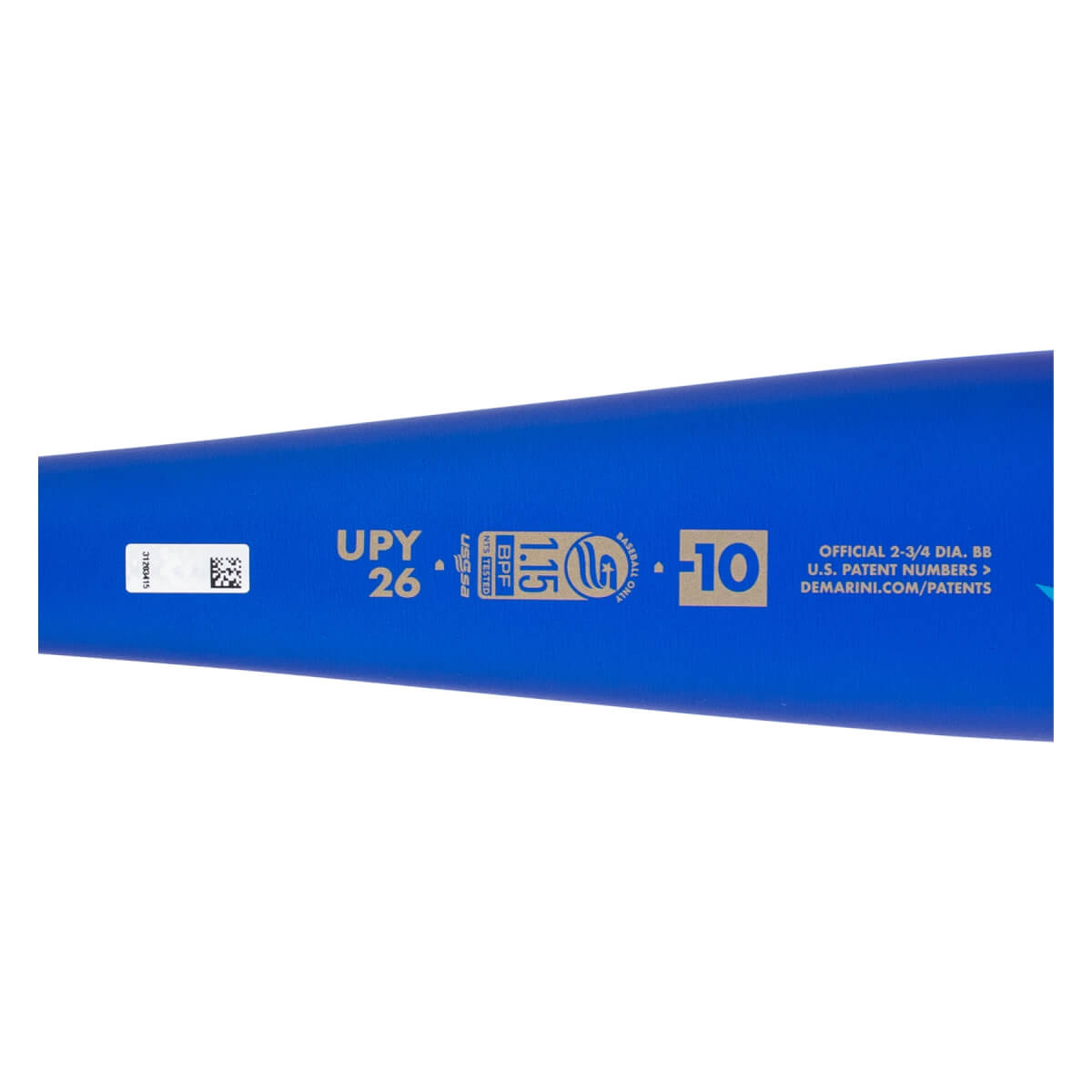 Close-up, angled view of a blue baseball bat barrel with a white sticker, USSSA 1.15 BPF stamp, and DeMarini branding.