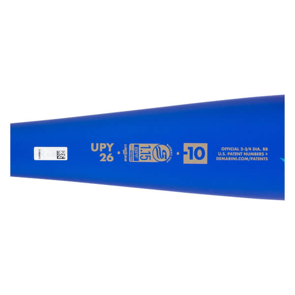Close-up, angled view of a blue baseball bat barrel with a white sticker, USSSA 1.15 BPF stamp, and DeMarini branding.