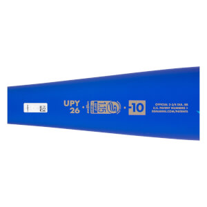Close-up, angled view of a blue baseball bat barrel with a white sticker, USSSA 1.15 BPF stamp, and DeMarini branding.