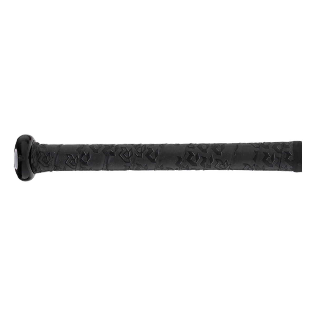 Side view of black baseball bat grip with textured surface, repeating DeMarini logo pattern, and knob.