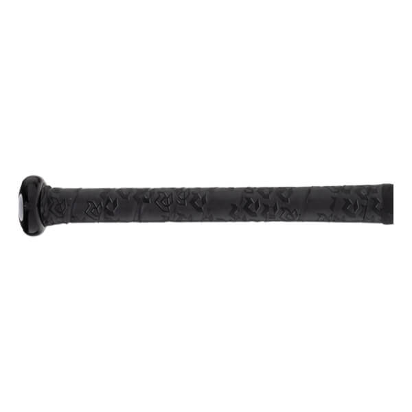 Side view of black baseball bat grip with textured surface, repeating DeMarini logo pattern, and knob.