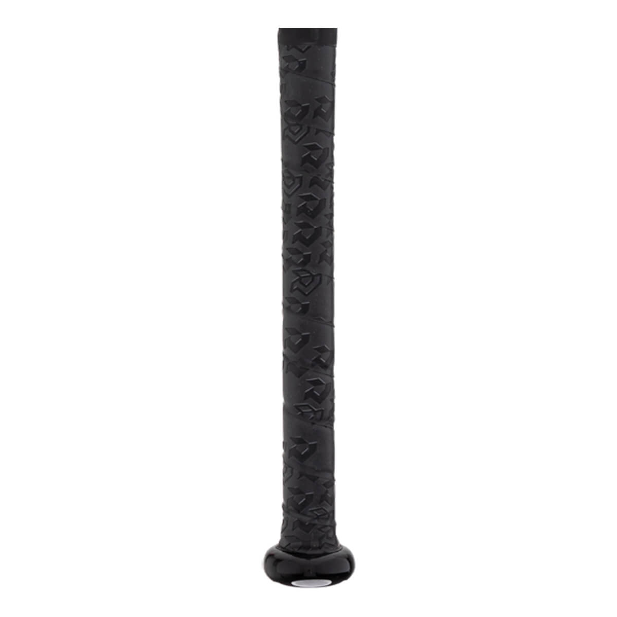 Close-up of a black baseball bat grip with a textured V-pattern and a glossy black knob.