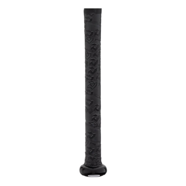 Close-up of a black baseball bat grip with a textured V-pattern and a glossy black knob.