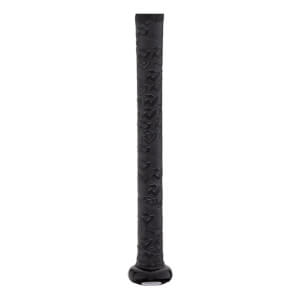 Close-up of a black baseball bat grip with a textured V-pattern and a glossy black knob.