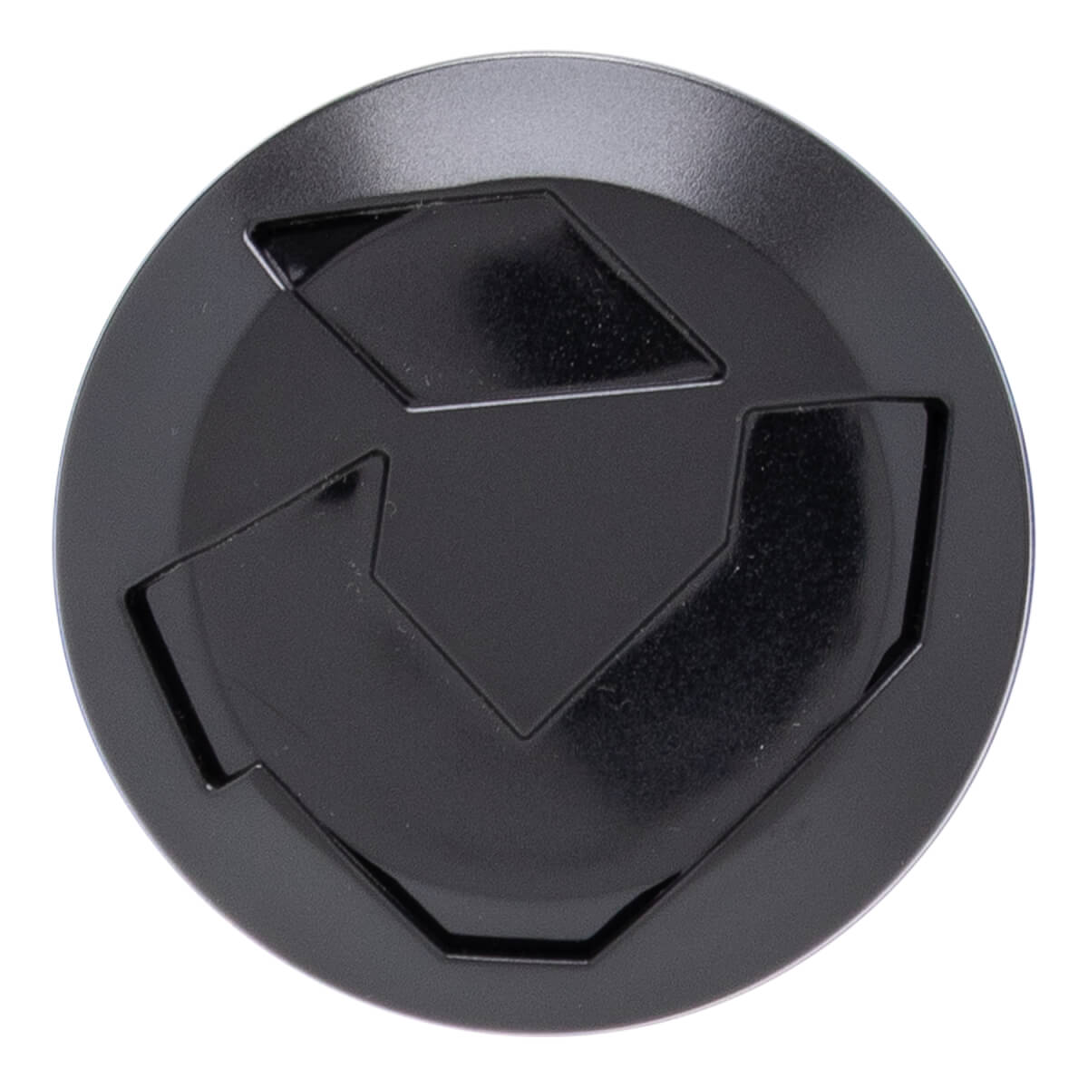 Top-down view of a black baseball bat end cap with a circular shape, stylized V-design, and matte finish.