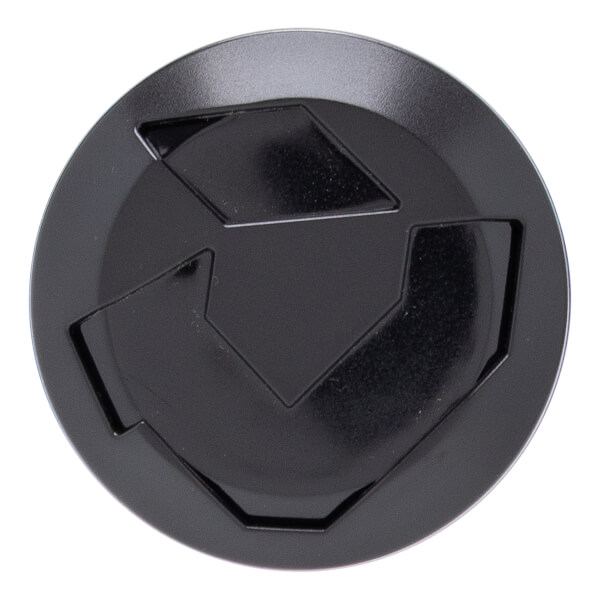 Top-down view of a black baseball bat end cap with a circular shape, stylized V-design, and matte finish.