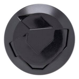 Top-down view of a black baseball bat end cap with a circular shape, stylized V-design, and matte finish.