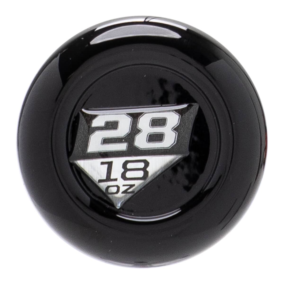 Top-down close-up of a glossy black baseball bat end cap with a silver emblem showing 28 and 18 OZ.