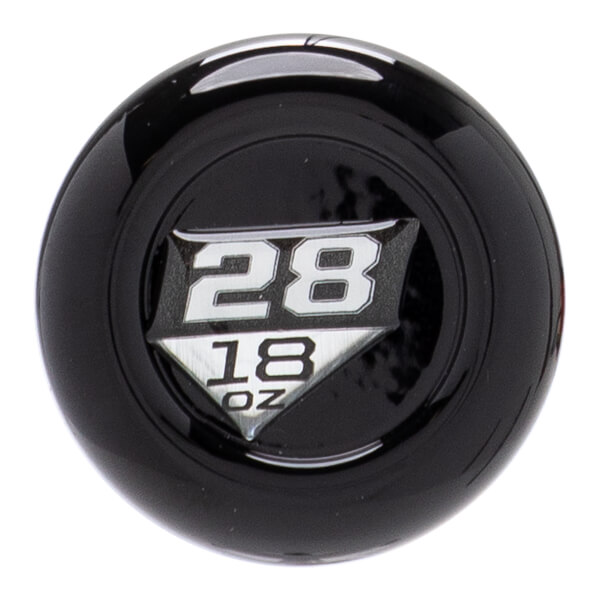 Top-down close-up of a glossy black baseball bat end cap with a silver emblem showing 28 and 18 OZ.