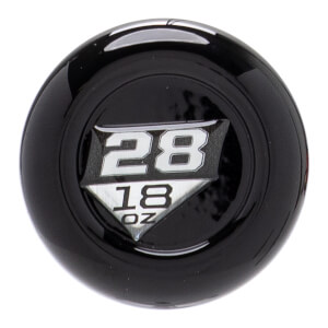 Top-down close-up of a glossy black baseball bat end cap with a silver emblem showing 28 and 18 OZ.
