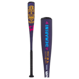 Side view of a purple baseball bat with a yellow geometric skull, Voodoo text, and blue DEMARINI branding.