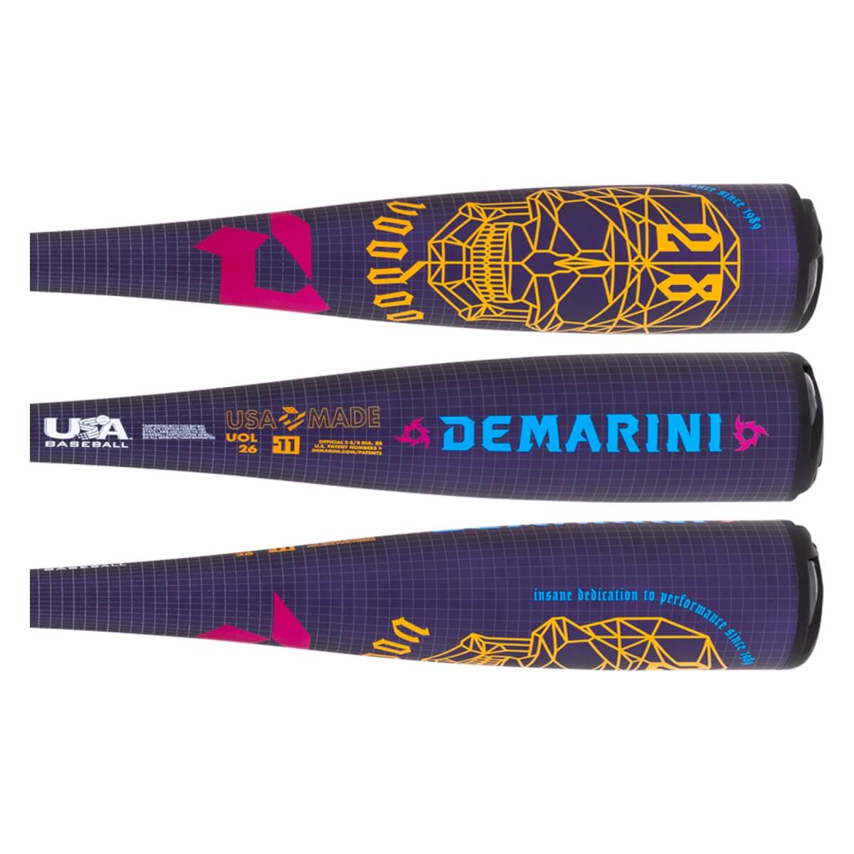 Sectional view of a purple baseball bat with yellow Voodoo text, blue DeMarini branding, and USA Baseball logo.