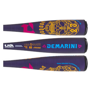 Sectional view of a purple baseball bat with yellow Voodoo text, blue DeMarini branding, and USA Baseball logo.
