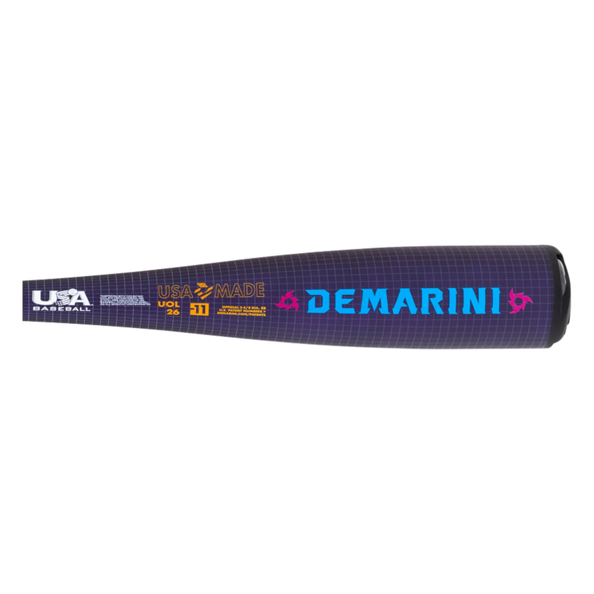 Side view of a dark purple baseball bat with DEMARINI in blue, a USA BASEBALL logo, and -11 text.