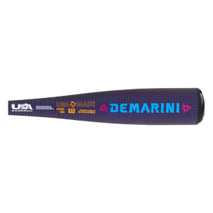 Side view of a dark purple baseball bat with DEMARINI in blue, a USA BASEBALL logo, and -11 text.