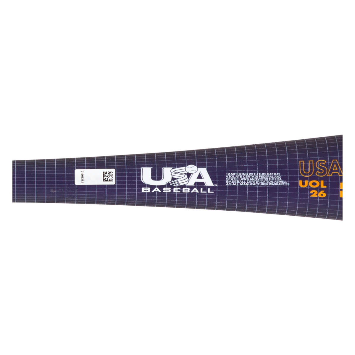 Close-up of a dark purple baseball bat with a grid pattern, showing the white USA Baseball logo and orange USA VOL 26 text.