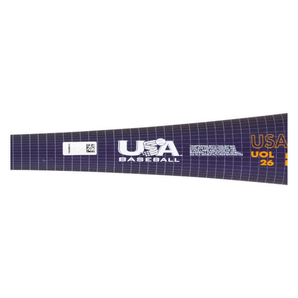Close-up of a dark purple baseball bat with a grid pattern, showing the white USA Baseball logo and orange USA VOL 26 text.