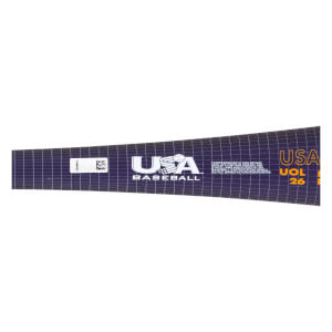 Close-up of a dark purple baseball bat with a grid pattern, showing the white USA Baseball logo and orange USA VOL 26 text.