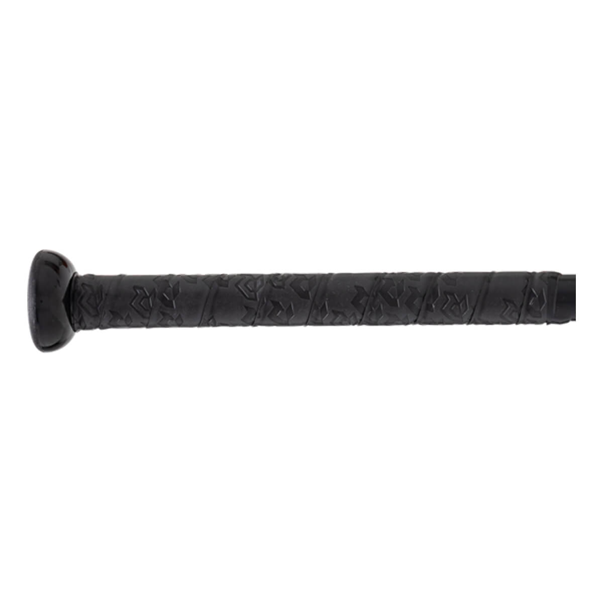 Close-up side view of a black baseball bat handle with a textured grip tape featuring a geometric pattern and a black knob.