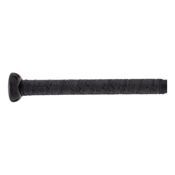 Close-up side view of a black baseball bat handle with a textured grip tape featuring a geometric pattern and a black knob.