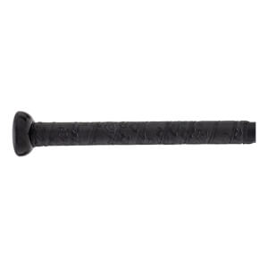 Close-up side view of a black baseball bat handle with a textured grip tape featuring a geometric pattern and a black knob.
