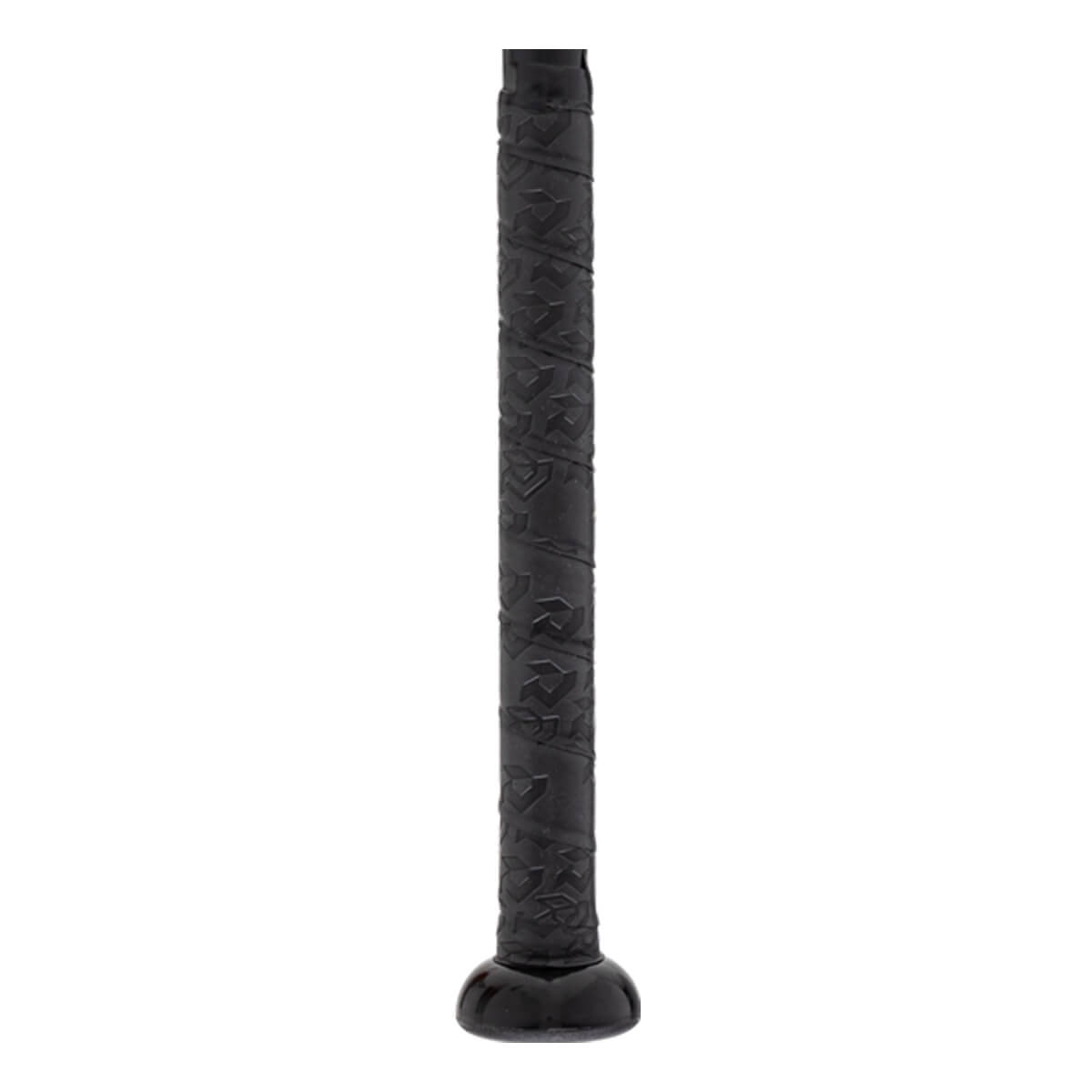 Close-up of a black baseball bat handle with textured grip tape featuring a repeating pattern and a black rounded knob.