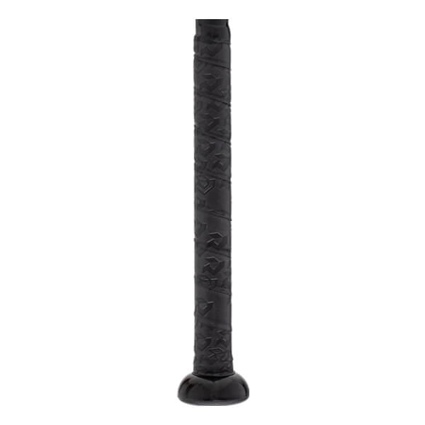 Close-up of a black baseball bat handle with textured grip tape featuring a repeating pattern and a black rounded knob.